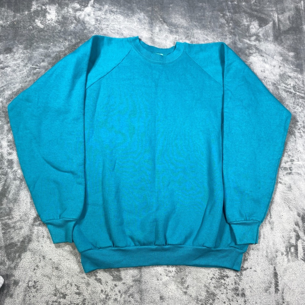 Vintage‎ Fruit of the Loom Sweater Pullover Crewneck Mens XL Teal Blue Blank USA